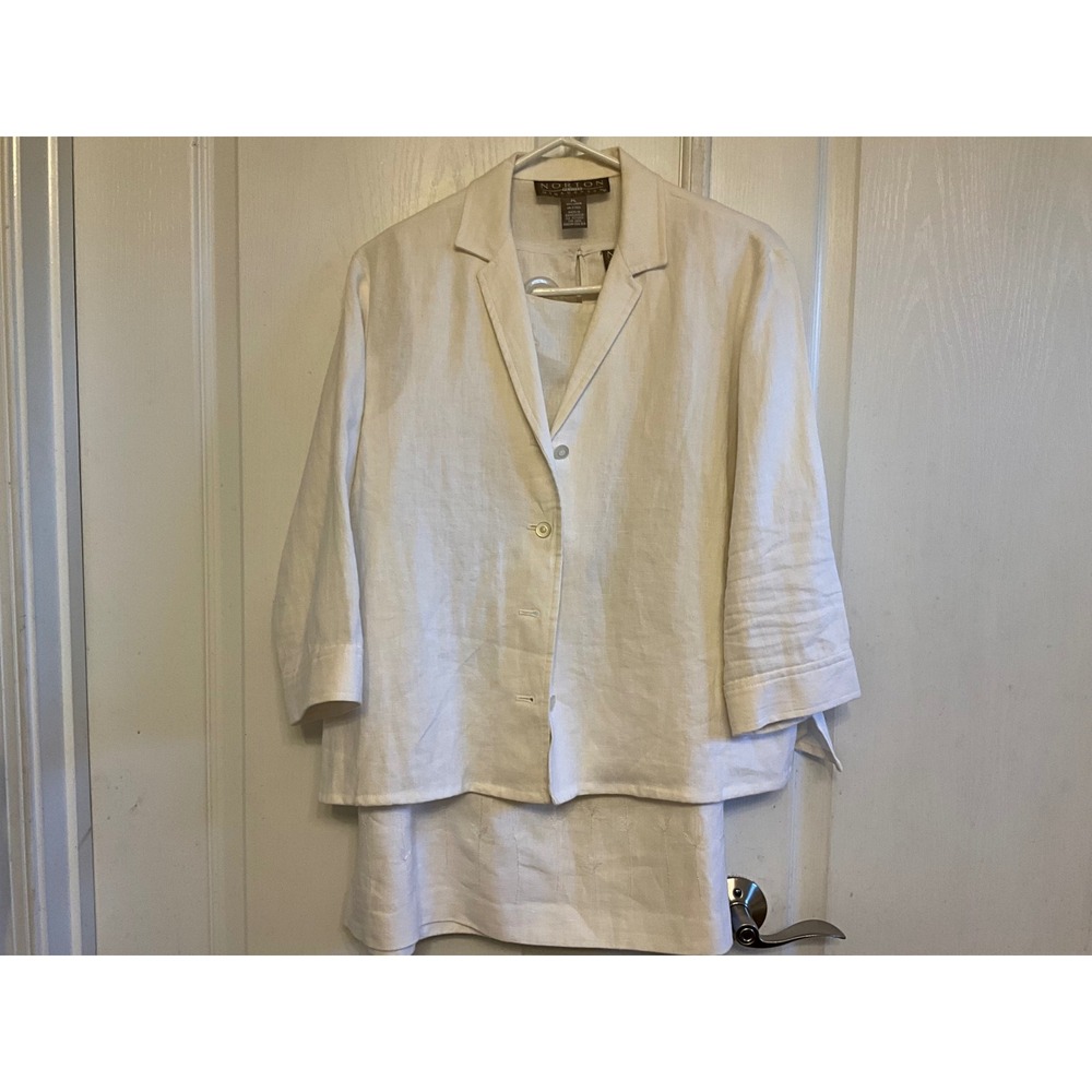 Norton McNaughton Petites 3 Piece Linen Skirt Suit Set White Embroidered PL 12P